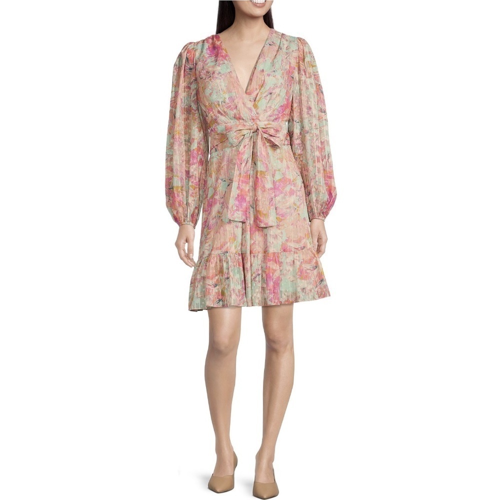 NWT Alex Marie Simone Floral Balloon Sleeve Tiered Mini Dress in Pink Te…